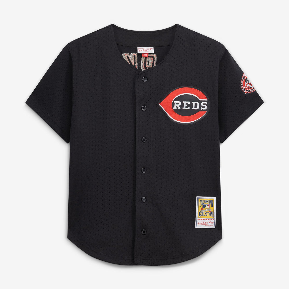 Men's Cincinnati Reds Barry Larkin Mitchell & Ness Black Cooperstown Collection Mesh Batting Practice Button-Up Jersey