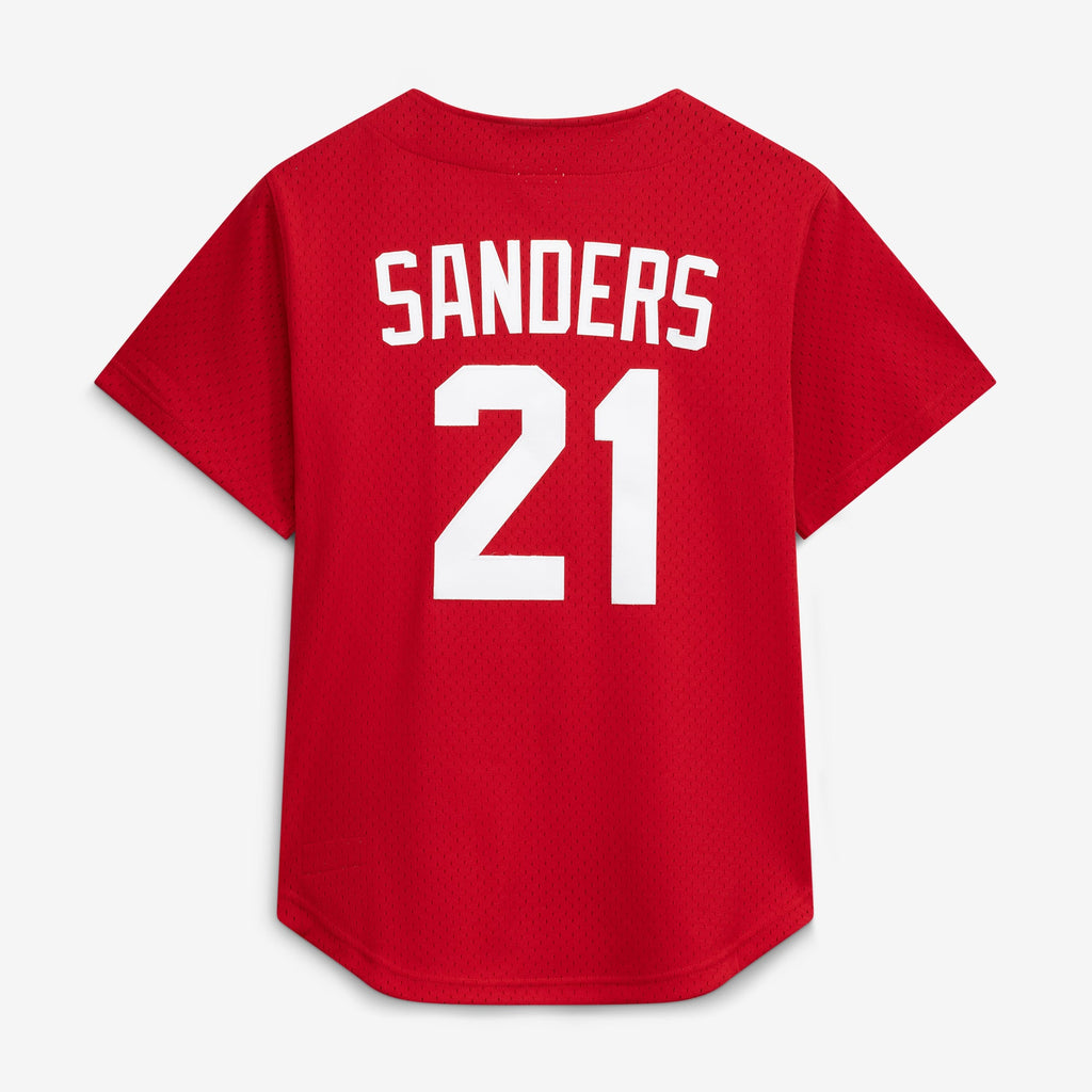 Men's Cincinnati Reds Deion Sanders Mitchell & Ness Red Cooperstown Mesh Batting Practice Button-Up Jersey
