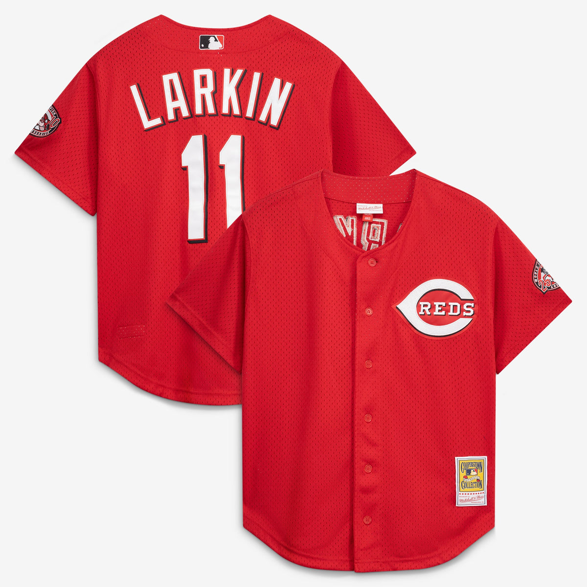 Men's Cincinnati Reds Barry Larkin Mitchell & Ness Black Cooperstown Collection Mesh Batting Practice Button-Up Jersey