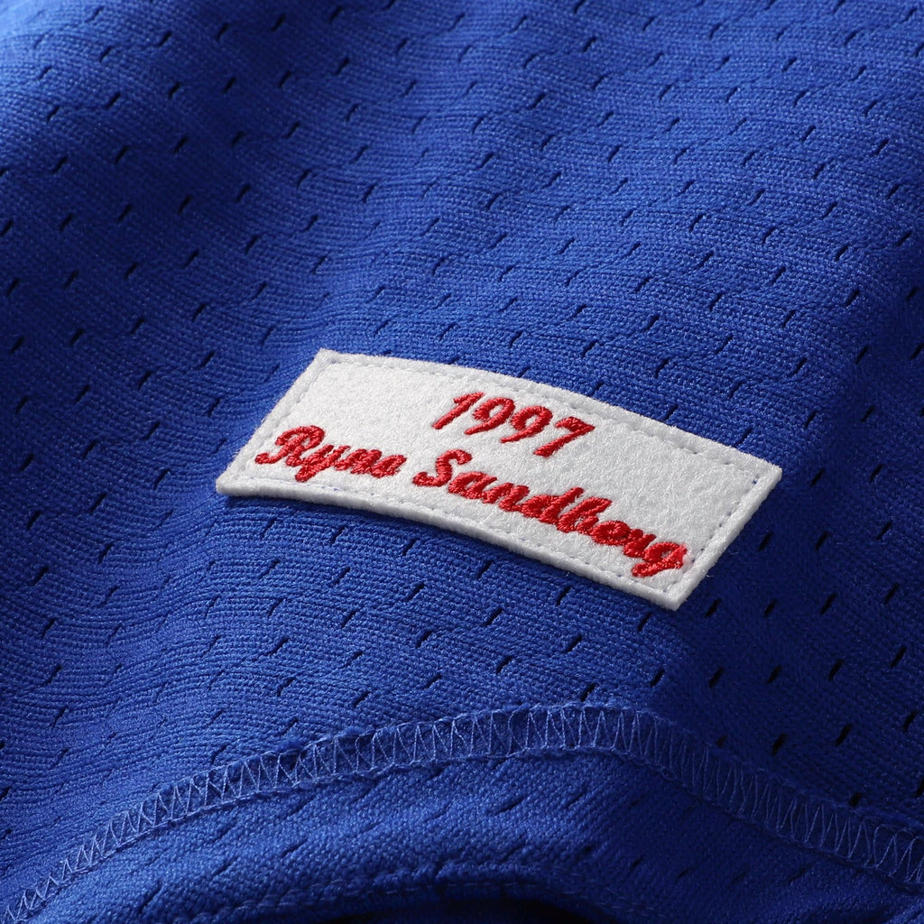 Men's Chicago Cubs Ryne Sandberg Mitchell & Ness Royal Cooperstown Collection 1997 Mesh Batting Practice Button-Up Jersey